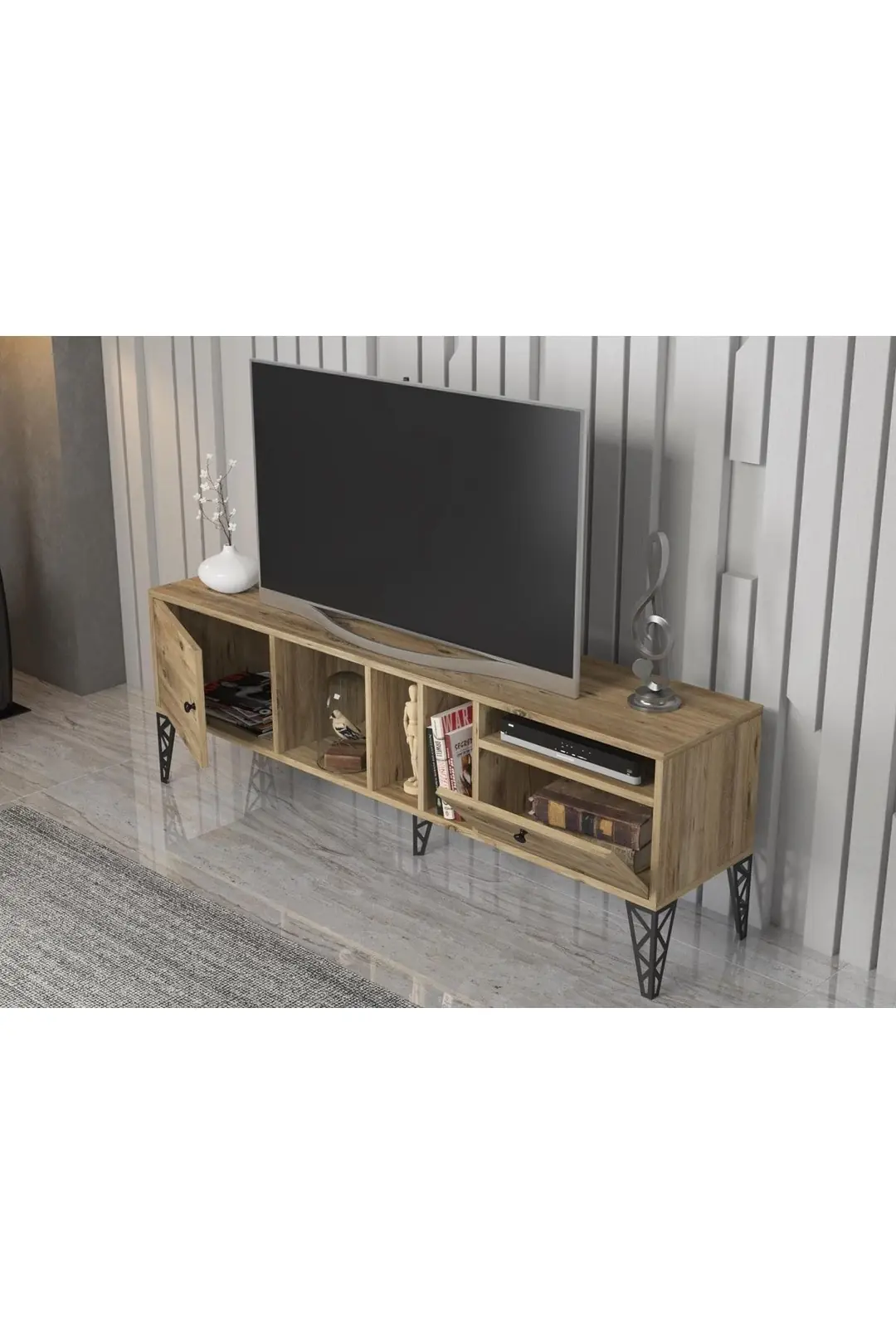 Cercei 160 Cm Metal Ayaklı Tv Ünitesi - Atlantik Çam / Siyah
